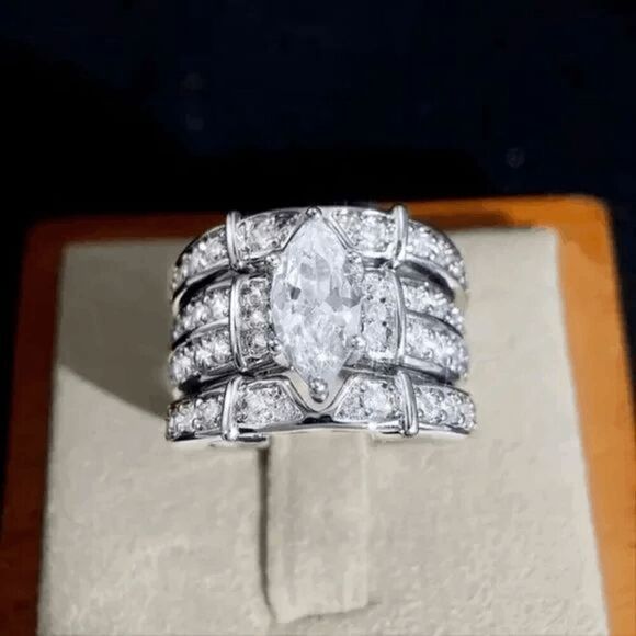 Marquise Round Diamond Wedding Engagement Anniversary Ring & Diamond Ring Guards - Picture 1 of 6